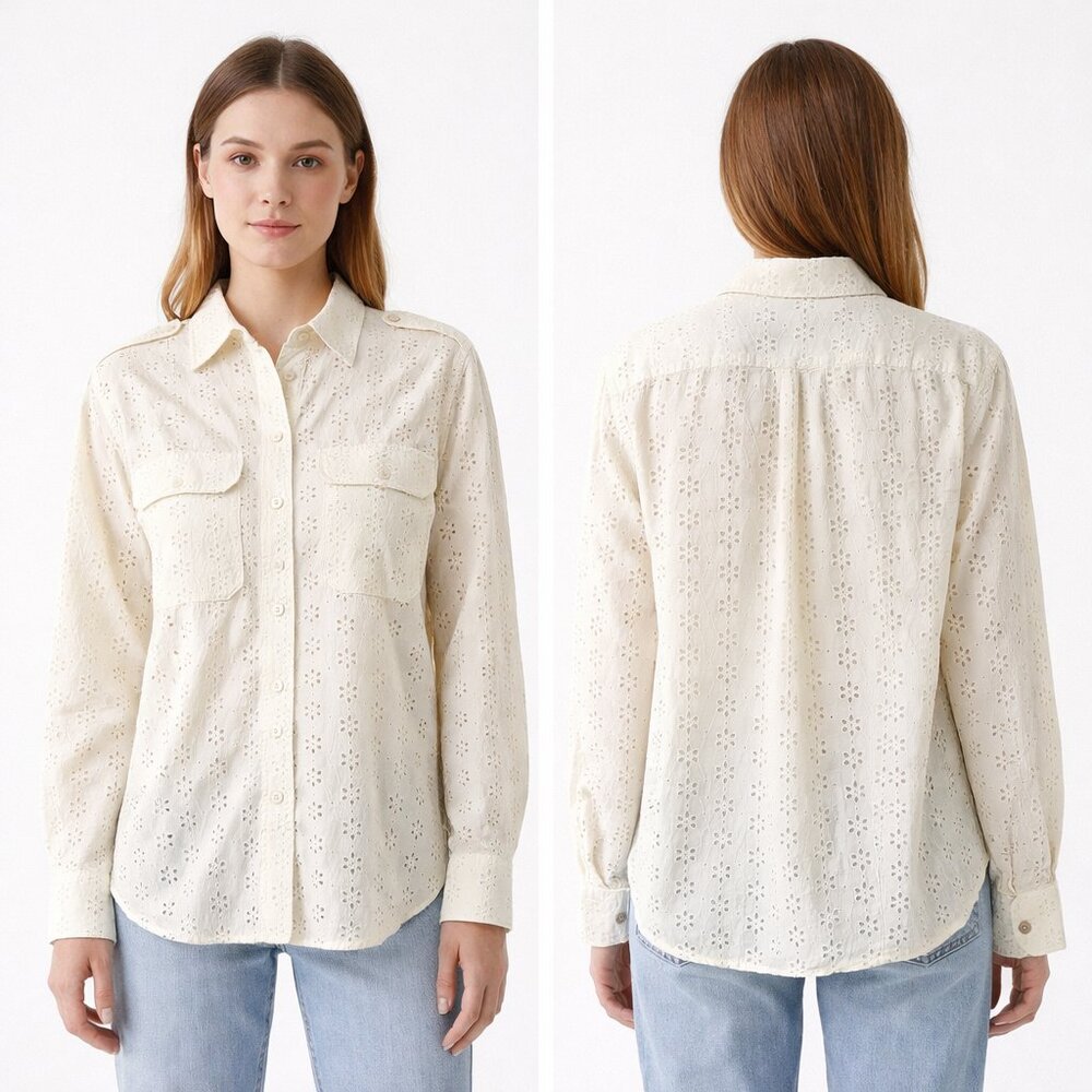 Polo Ralp Lauren Eyelet Cotton Long Sleeve Point Collar Button Front Shirt